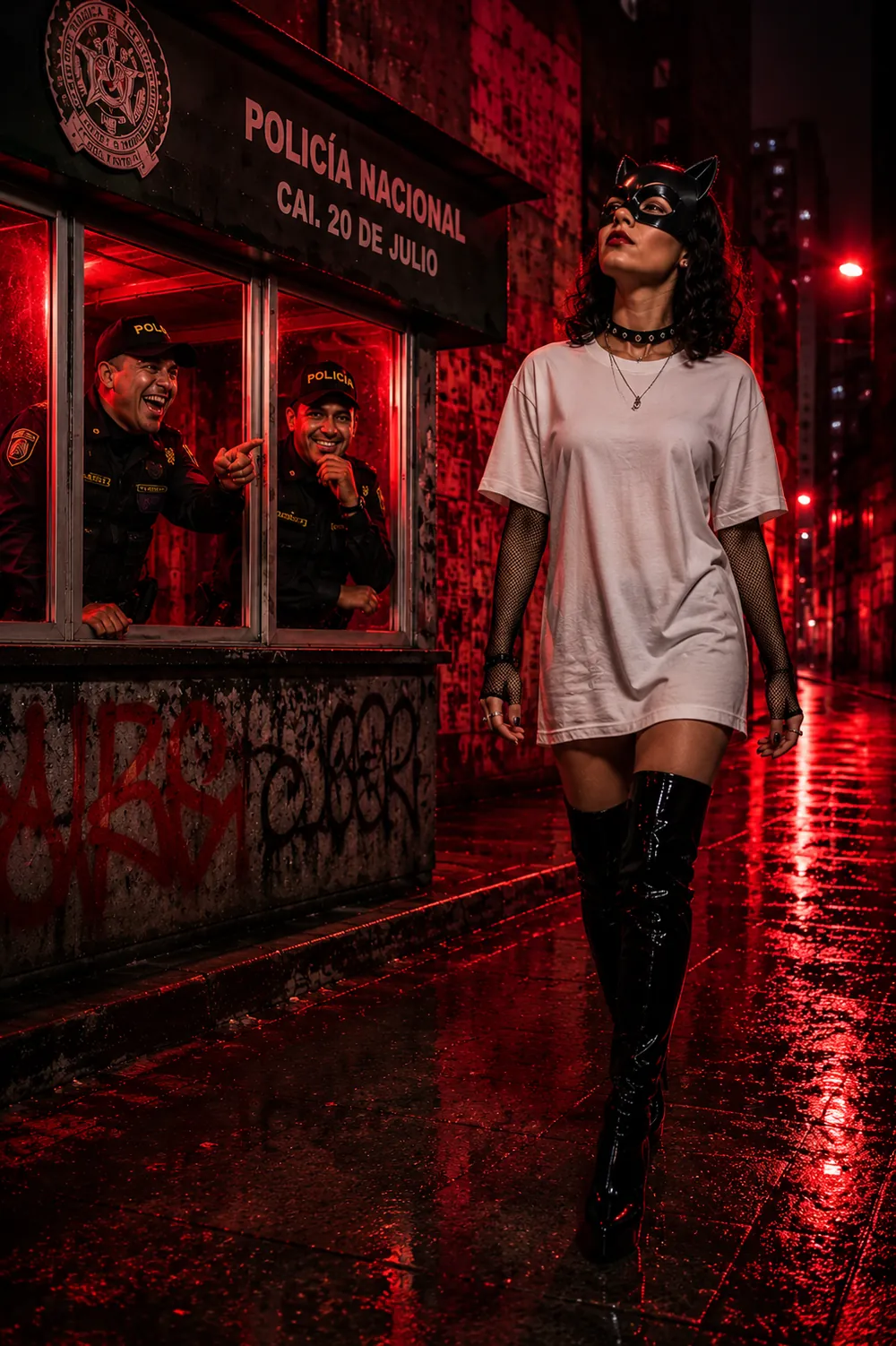 Personaje camina frente a un CAI de la Policía Nacional