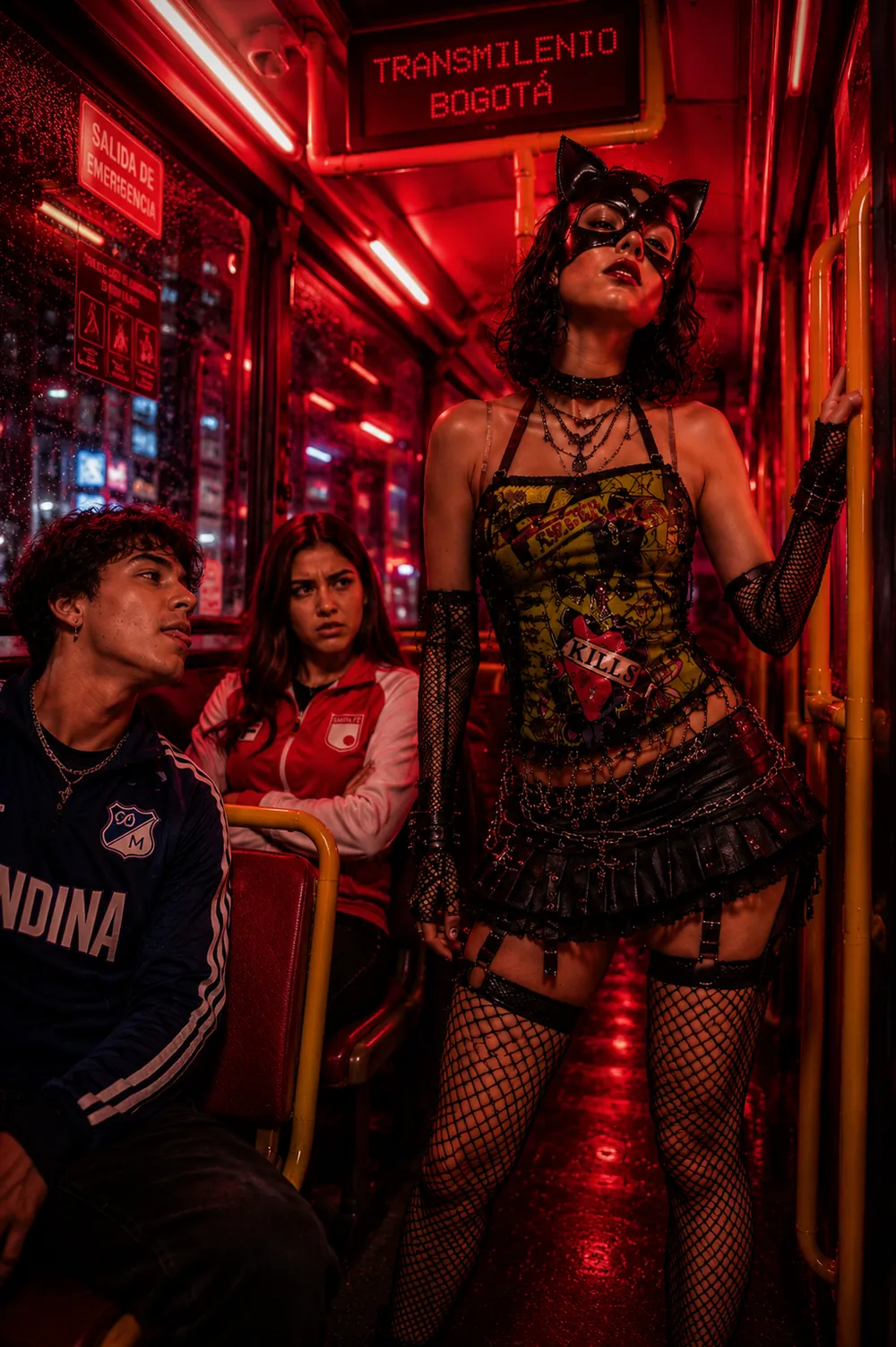Personaje de pie dentro de un Transmilenio de Bogotá